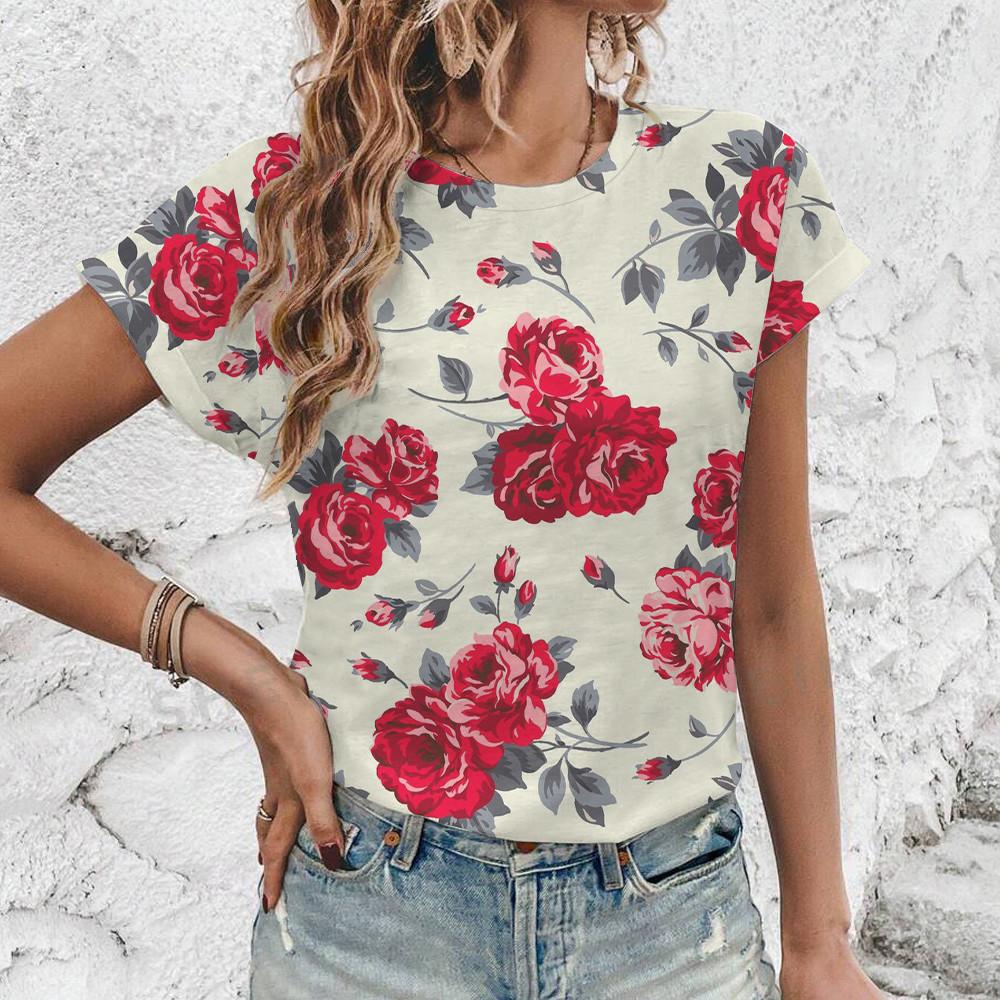 Elegant Vintage Style Flower Print T-shirt Top Summer Loose Breathable Women's T-shirt Fashion New Round Neck T-shirt