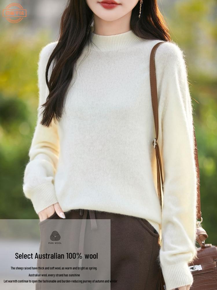 Women's Cream Yellow Wool Brushed Pullover Sweater, Half-High Neck Loose Knitwear Base Layer Top