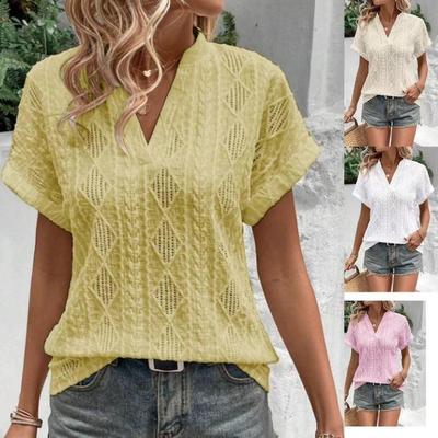 Neues Damen V-Ausschnitt Lockeres Lässiges Sommer Kurzarm Lochmuster Jacquard Hemd