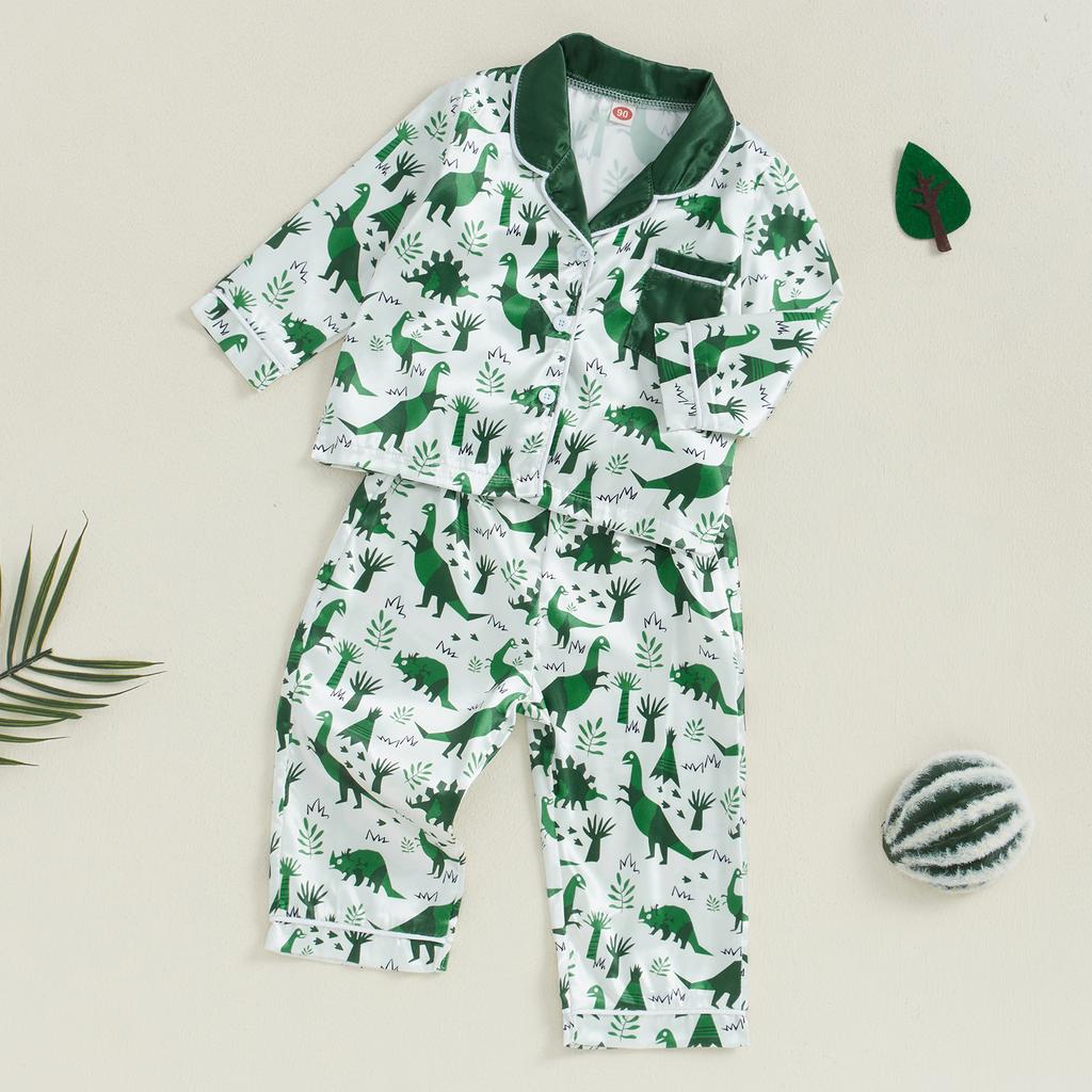 Pyjama-Sets für kleine Jungen Reverskragen zum Knöpfen Oberteile Elastischer Bund Lange Hosen Dinosaurier-Druck Loungewear-Set