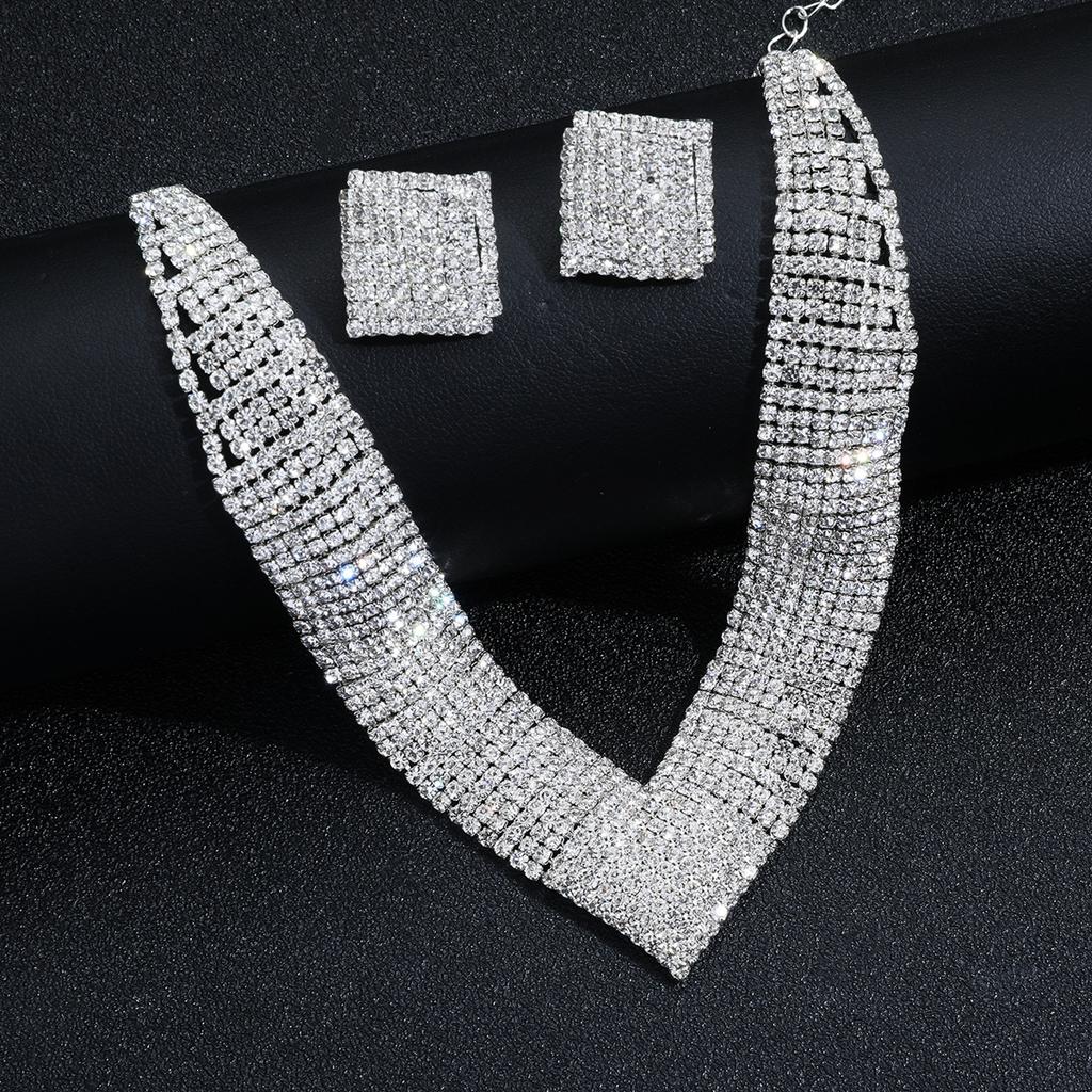 Luxury super flash geometric square multi-row rhinestone necklace earrings two-piece set