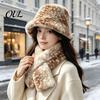 Cute Deer Print Hat Women Spotted Hat, Faux Fur Bucket Winter Scarf, Girlfriend Present Soft Cozy Furry Fisherman for Girls, Autumn Accessory