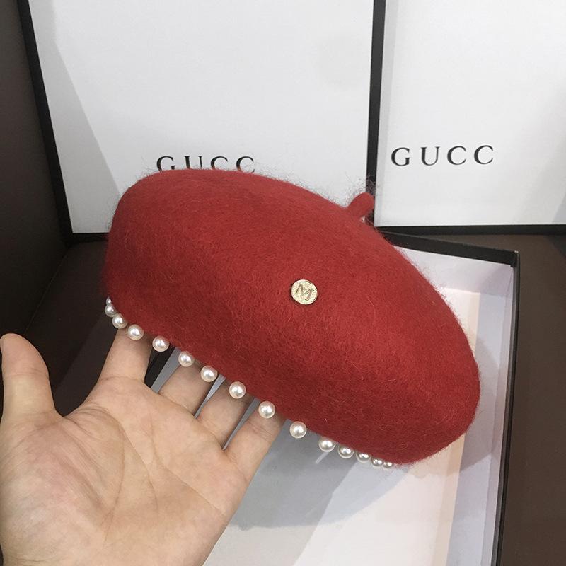 Fashion Autumn Woolen Pearl Star Anise Beret Women S Retro Literary Temperament Painter Hat Winter Warm Girls Casual Cap kids  50-54cm