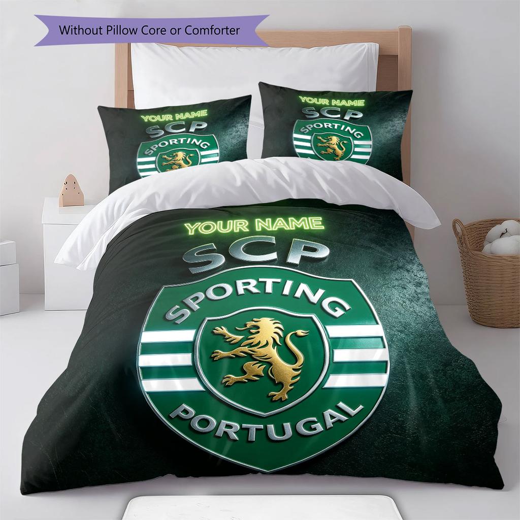 Benutzerdefinierter Name, Sporting CP Muster Bettwäsche Heimdekoration Geburtstagsgeschenk ( 1 Bettbezug + 2 Kissenbezüge, ohne Füllung),Fanartikel.