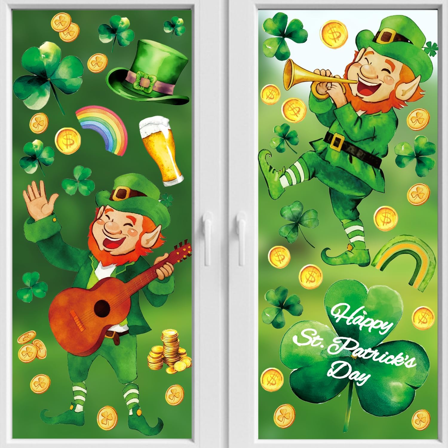 119PCS St Patricks Day Window Clings,Reble St Patricks Day Decorations,Double Sided Green Shamrock Window Clings,Irish Static Saint Patrick s