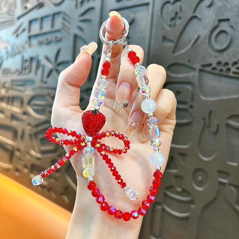 Flash Beaded Mobile Phone Chain Crystal Bow Key Bag Lanyard Pearl Mobile Phone Lanyard Small Gift