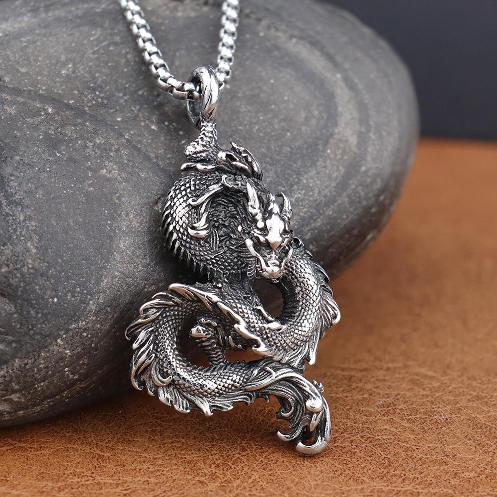 Fashion Chinese Dragon Pendant Chain Stainless Steel Domineering Loong Necklaces Amulet Unique Charm Men's Jewelry Accessories