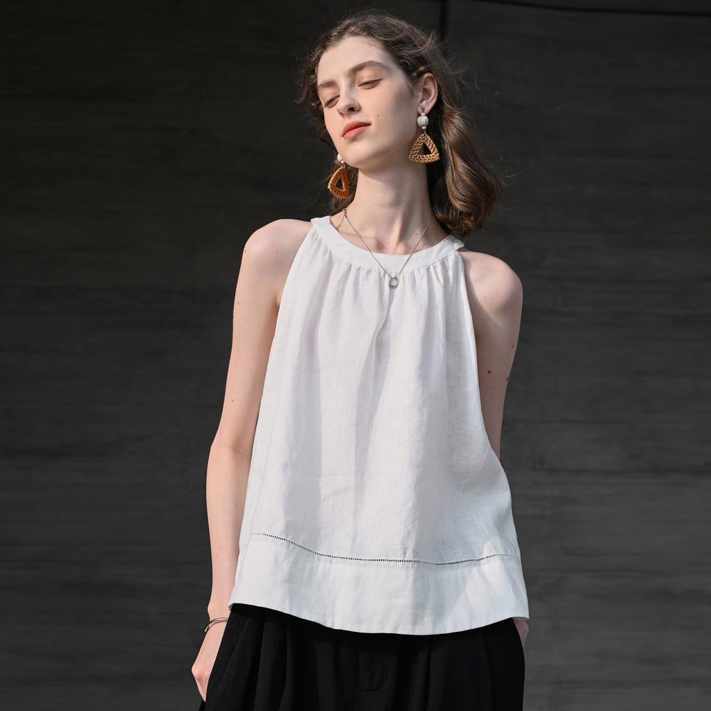 Women Pure Linen Halter Neck Sleeveless Top, French Style Round Neck A-line Summer Casual Breathable Tank