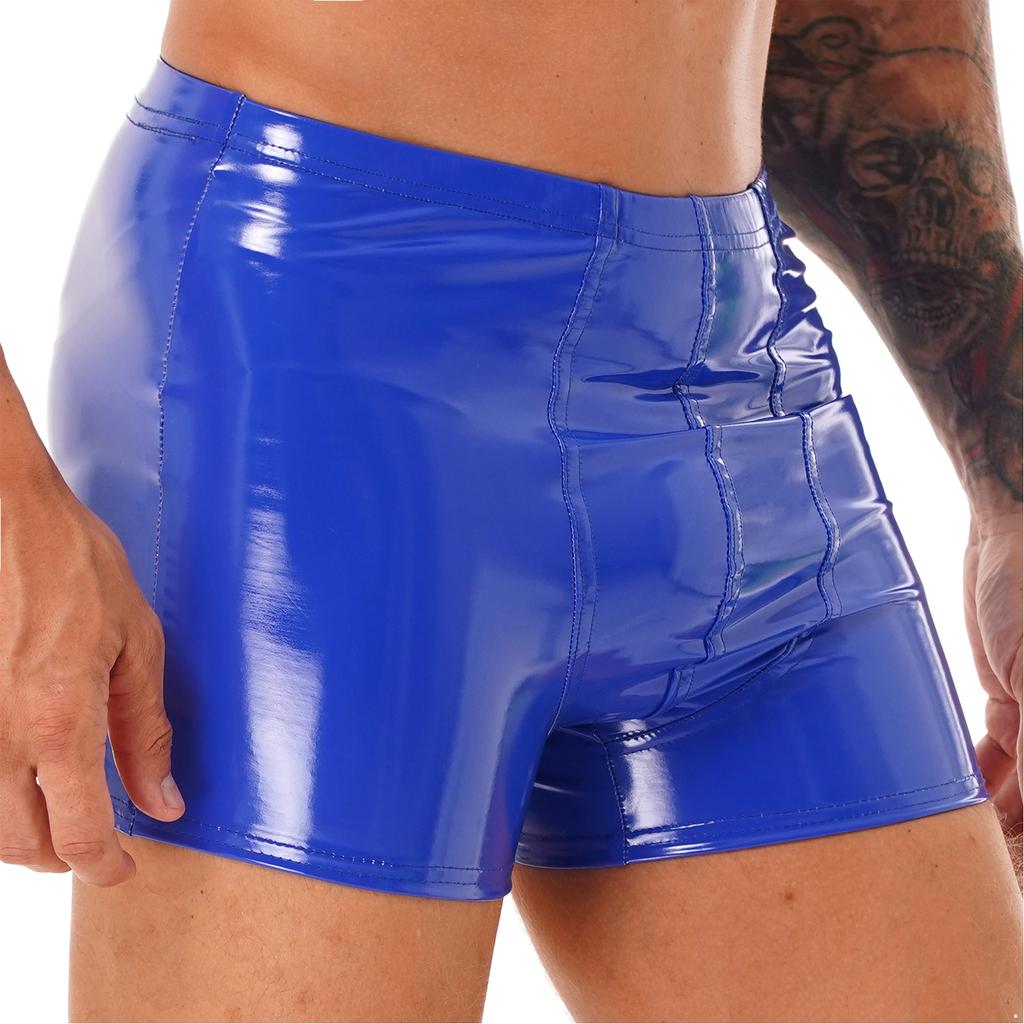 Mens Patent Leather Boxer Briefs Wet Look Shorts Elastic Waistband Bulge Pouch Design Clubwear