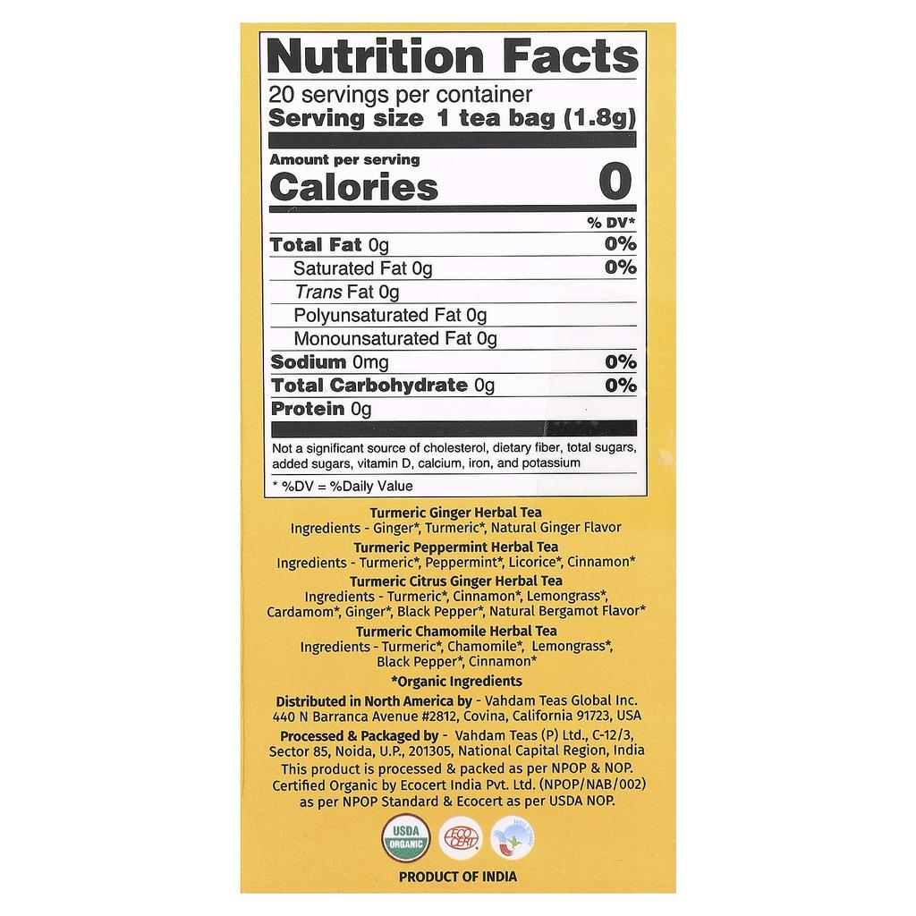 VAHDAM India, Infusions, Herbal Tea, Turmeric Variety Pack, Caffeine Free, 20 Infusion Bags, 36g (1.27oz)