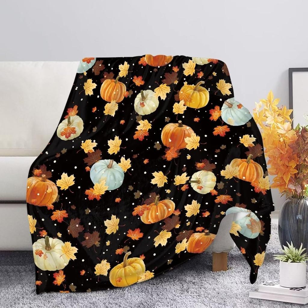 Harvest Autumn Throw Blanket Pumpkin Farmhouse Fallen Leaves Blanket Cozy Soft Lightweight Flannel Plush Blankets for Bed Couch
