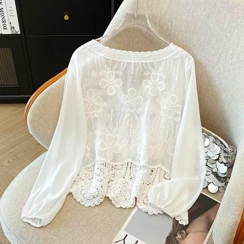 French Lace Crochet Patchwork Chiffon Cardigan - Long Sleeve Retro Design