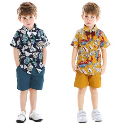 Kids' Floral Leaf Print Short-Sleeved Shirt Set for Boys - European & American Style