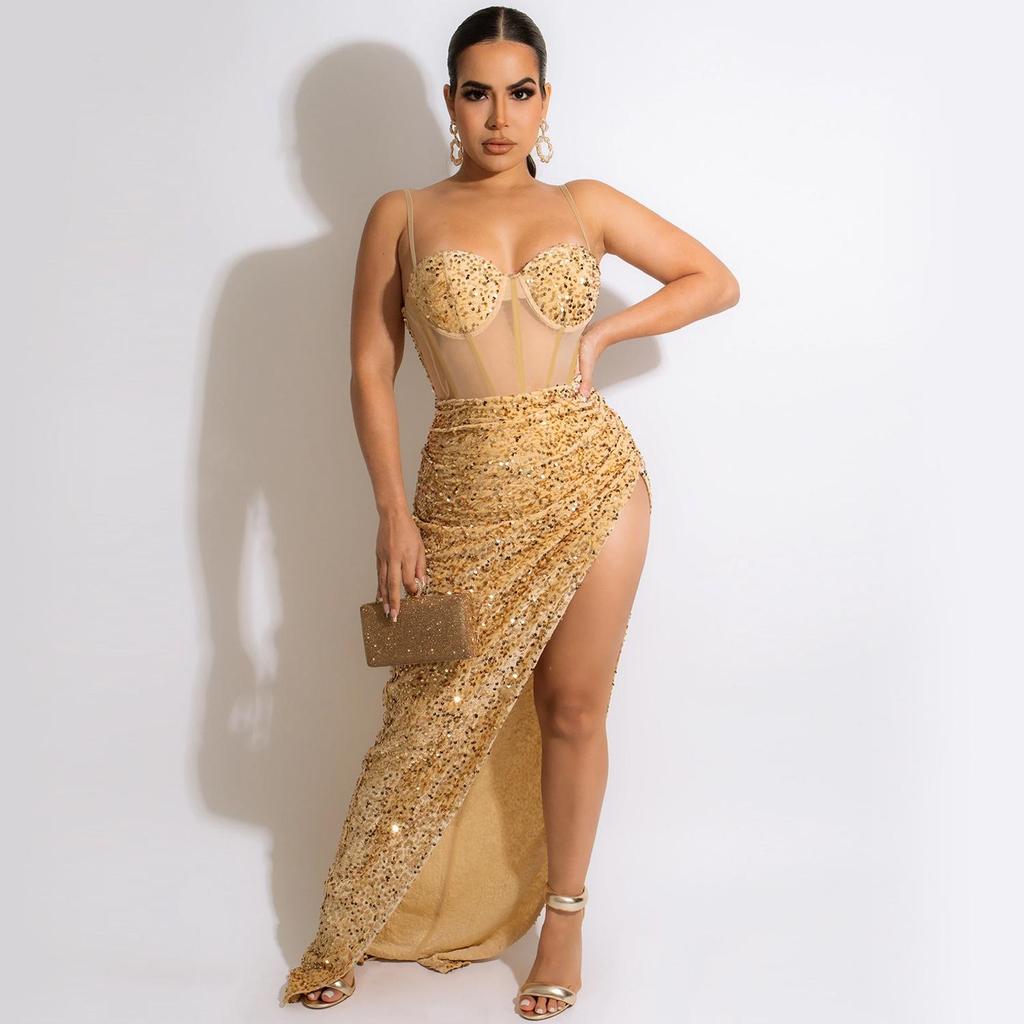 X5843 European & American Sequin Mesh Spaghetti Strap Irregular Slit Dress for Women