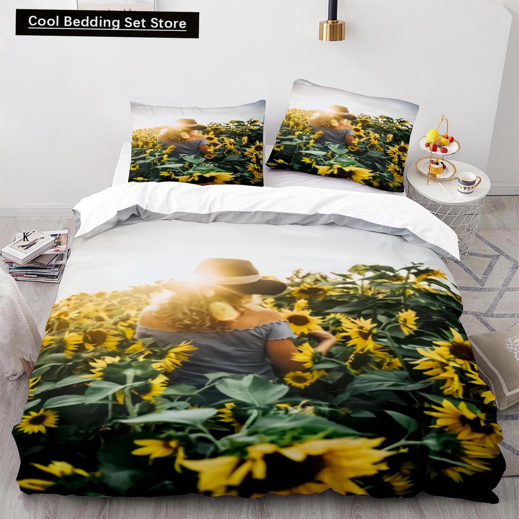 Yellow Sunflowers King Queen Duvet Cover Beautiful Floral Bedding Set for Kids Girls Women Girly Lovely Flowers Soft Quilt Cover