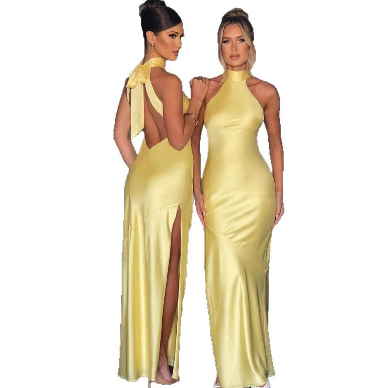 Womens Satin Slip Dress High Neck Sleeveless Bodycon Maxi Split Design Party