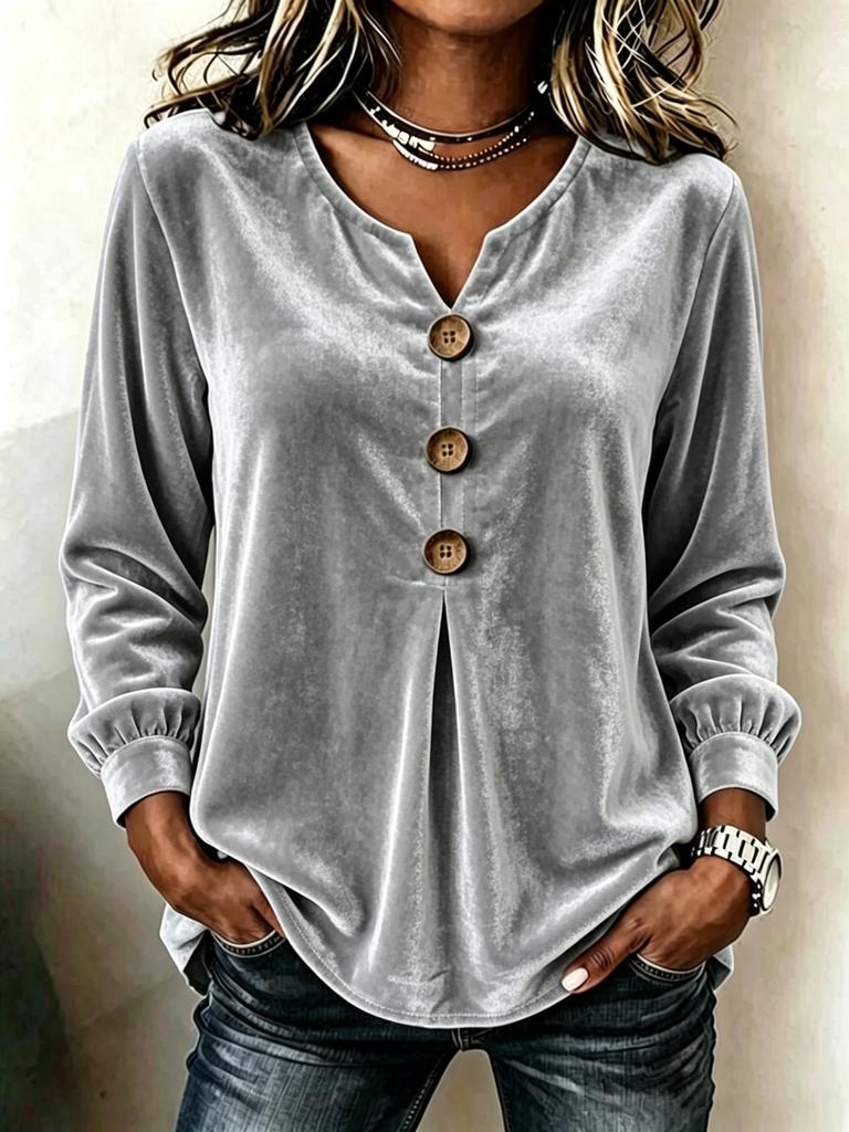 Blouse Boutonnée à Col en V en Velours pour Femme Haut Décontracté à Manches Longues Hauts Élégants en Satin