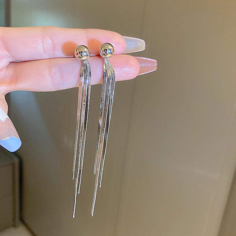 Stylish Silver Needle Earrings with Long Tassels