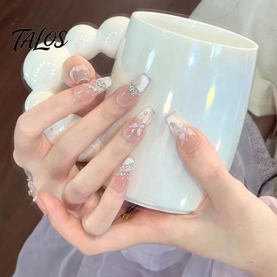 Unhas Postiças Gradiente Nude 10 Peças Press on Nails, Kit Completo Rosa Falso, Reutilizável Glitter Luxo Pedraria Cola para Nail Art com Pedrarias, Cobertura
