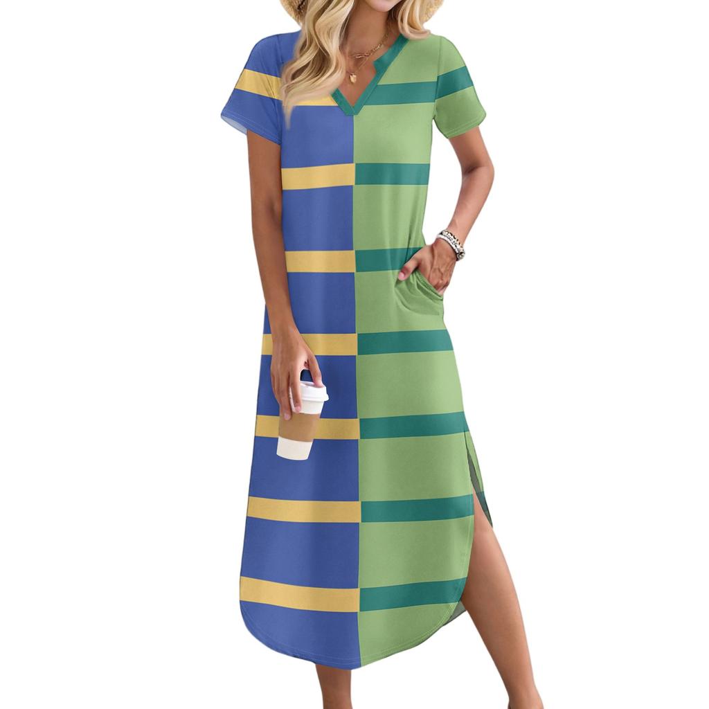 Women's Casual Comfortable V Neck Loose Hem Split Vacation Short Sleeve Striped Long Dresses