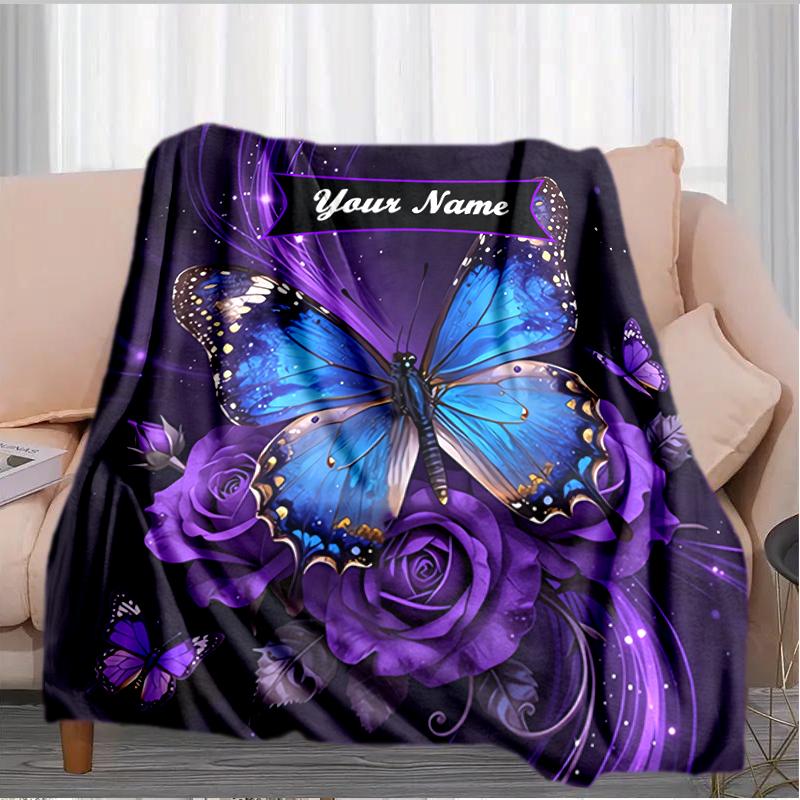 1PC Custom Name Butterfly Roses flannel blanket versatile,all-season throw suitable for the living room,bedroom,camping,travel,and gift