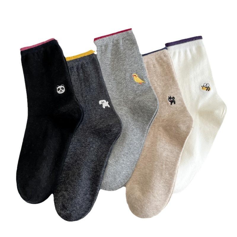 Trendige Damensocken Farbpassend, Niedliche Socken mit Stickerei kleiner Tiere, Vielseitige Baumwoll-Sockenstapel