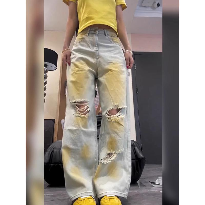 Women s Vintage Tie-Dye High-Waisted Ripped Wide-Leg Jeans XL