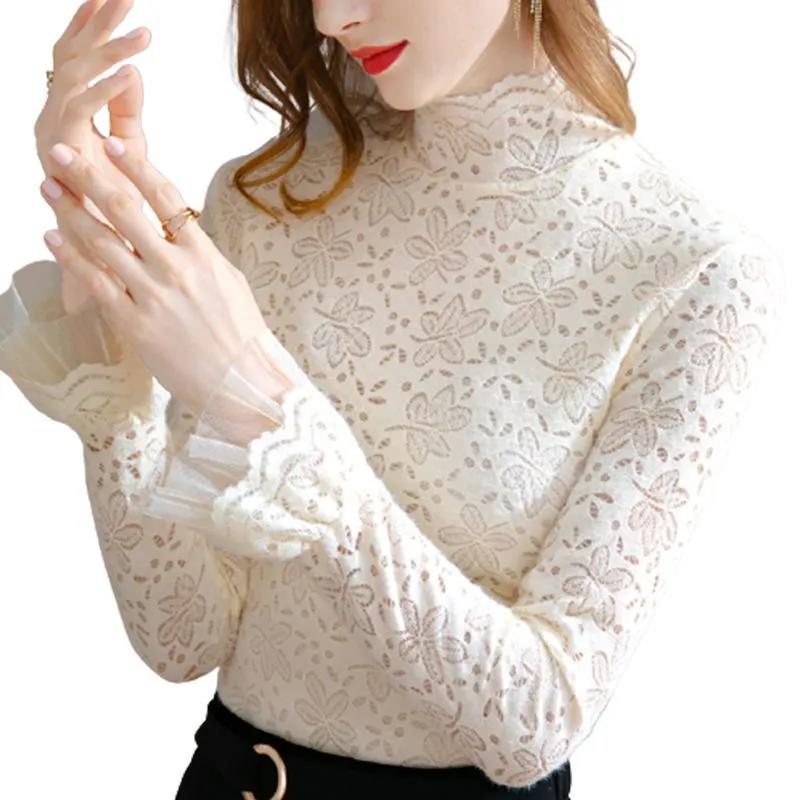 Lace Bottoming Shirt for Women with Half Turtleneck  Ruffled Top  Autumn  Winter New Temperament T-shirt