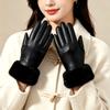 Fluffy Winter PU Leather Gloves Faux Fur Trim Cycling Windproof Gloves  Women