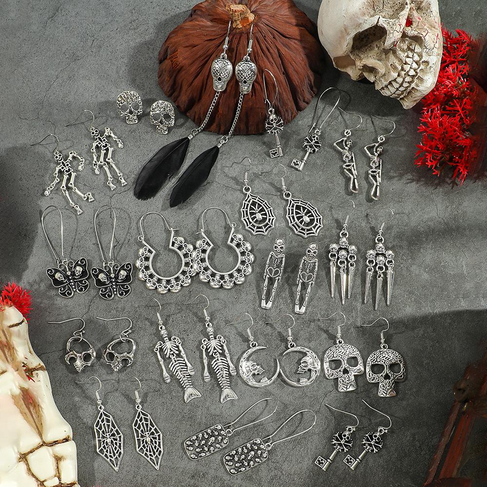 17 Pairs Antique Silver Earrings Drop Dangle Stud Earrings Halloween Thanksgiving Skull Spooky Jointed Skeleton Party Gifts