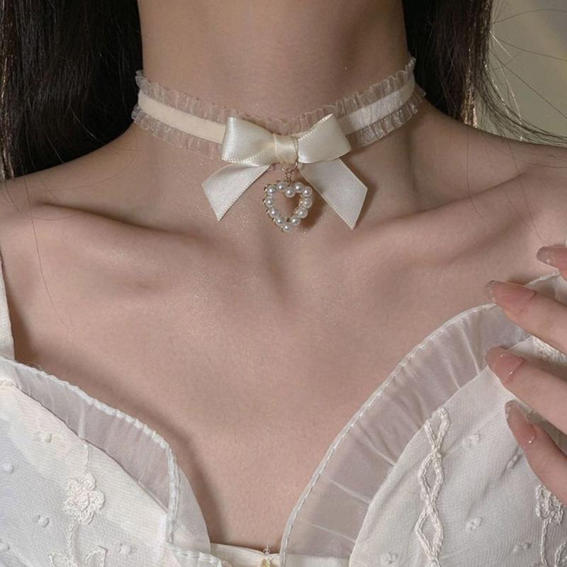 Fashion Harajuku Cloth Collarbone Chain Temperament Simple Cold Wind Big Heart Bowknot Pearls Loves Necklace Lace Chain