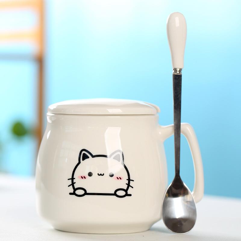 Creative Ceramic Cup With Lid And Spoon Milk Cup Day Breakfast Cup Coffee Cup Customization