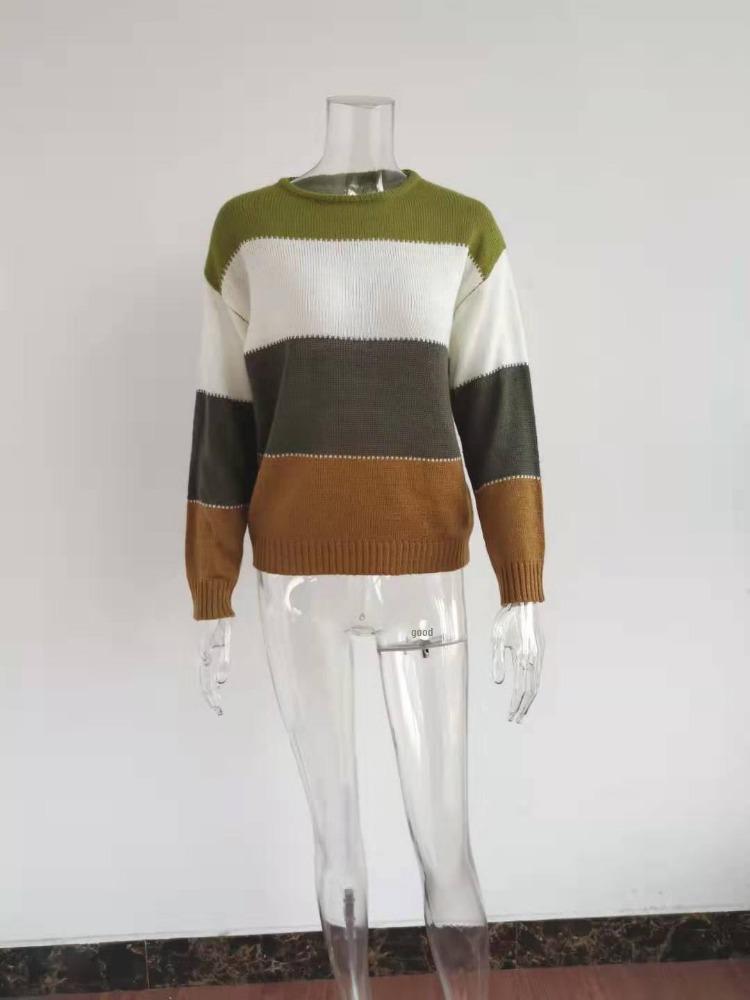 Women Casual Striped Knit Sweater Long Sleeve Round Neck Pullover Autumn Winter