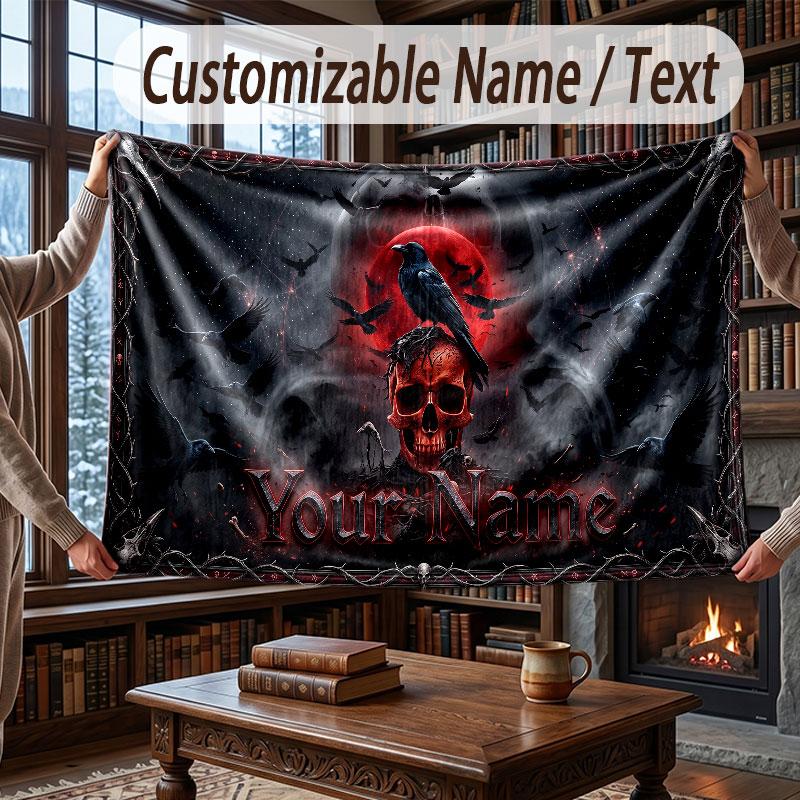 Skull Gothic Theme Throw Blanket Custom Name Text Personalized Blanket Soft Cozy Blanket for Home Sofa Bed