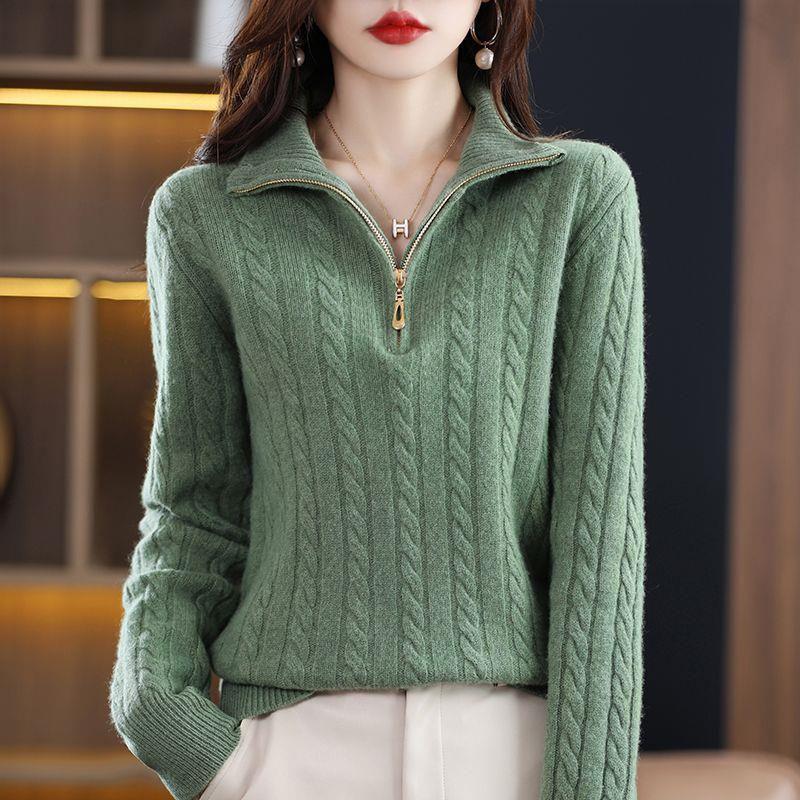 Women's Pullover Sweater for Autumn and WinterThick Half-High Neck Solid Color Knitwear Loose Casual Knit Top
