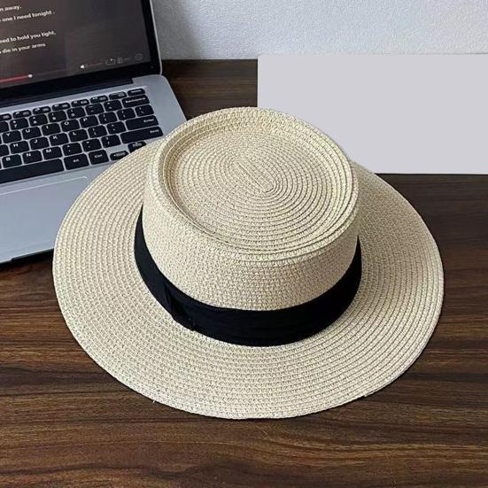 French Style Straw Hat with Large Brim Ribbon Decor Foldable Sun Protection Hat Summer Beach Travel Vacation Hat