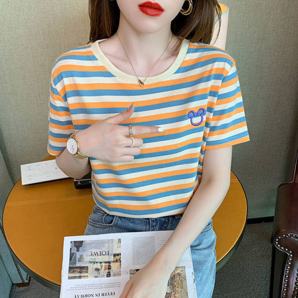 2026 summer new round neck short-sleeved women's t-shirt embroidery tide Korean version loose versatile age-reducing striped top and clothing ins
