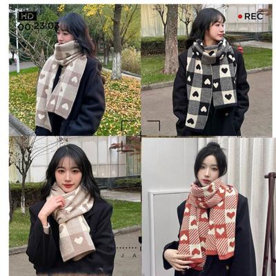 Women's Holiday Gift Winter Warm Cute Heart Checkered Print Scarf Shawl