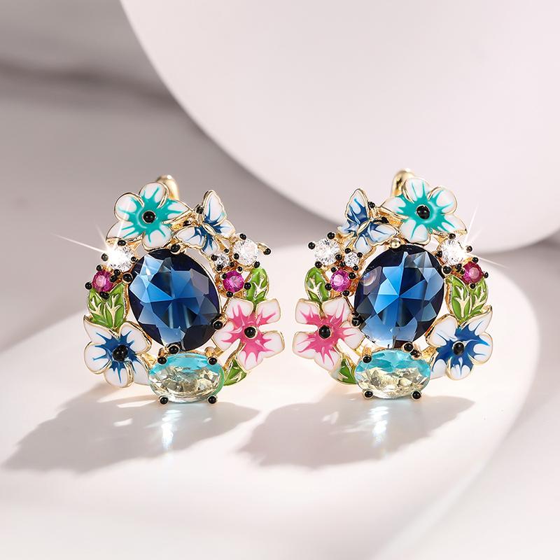 Huitan Aesthetic Colorful Enamel Flower Hoop Earrings for Women Luxury Oval Blue CZ Wedding Accessories Romantic Female