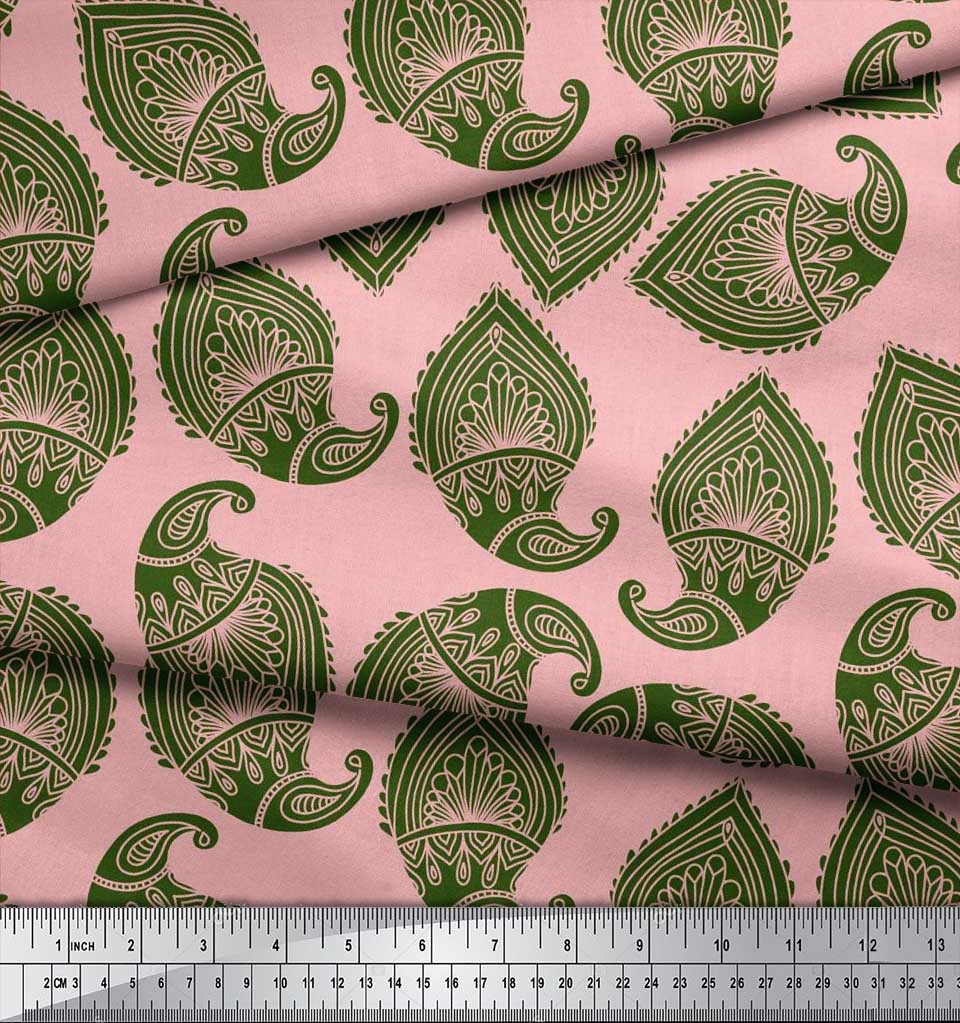 Soimoi Blue Japan Crepe Satin Fabric Green Paisley Printed Craft Fabric by the metre 42 Inch