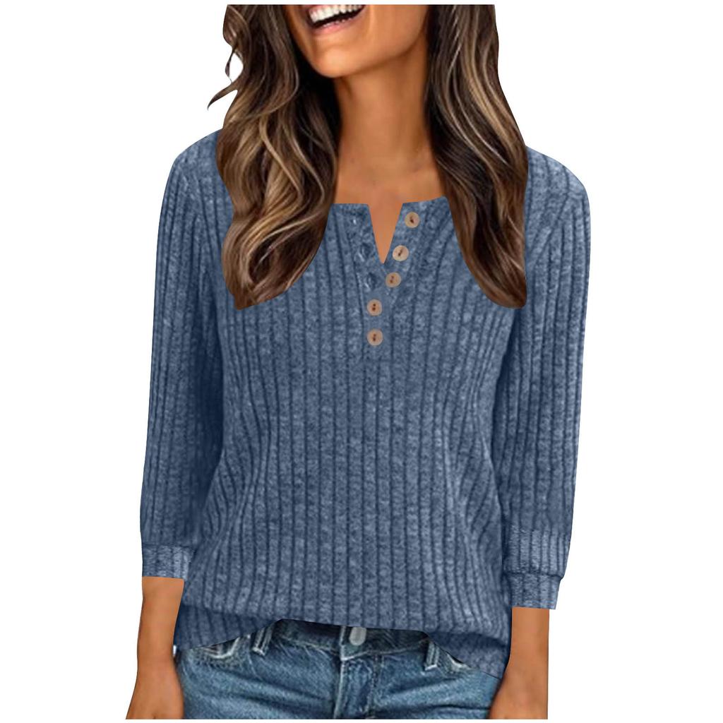 Women's Fashion Casual Button-Up V-Neck Knit Loose-Fit Three-Quarter Sleeve Top