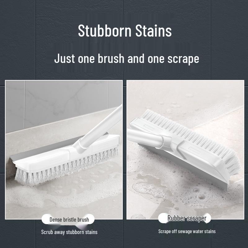 Dual-Function Bathroom Floor Scrubbing Brush with Stiff Bristles and Tile Squeegee