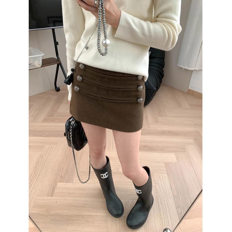 Moqie Stylish Retro Double-Breasted High-Waist Slim A-line Wool Skirt MQ1075