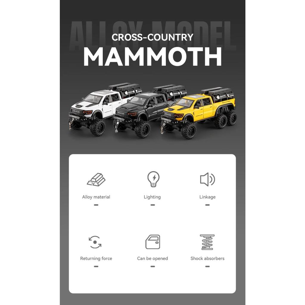1/24 Dodge Mammoth RAM 1000 TRX 6x6 Camioneta Aleación de Metal Modelo Fundido Coche Juguete para Niños con Luz Colecciones Regalos Amigo