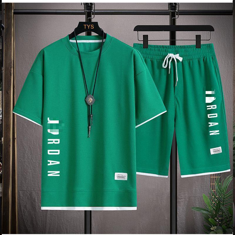 Men's Waffle Knit Short-Sleeve T-Shirt & Shorts Set, Casual Summer Sportswear