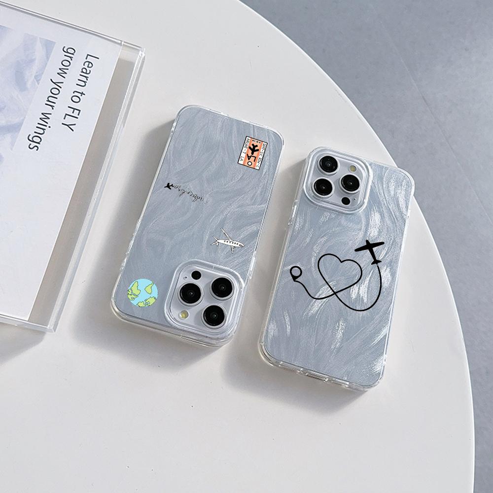 N68 Airplane flight trajectory art Clear Frame Case for Samsung S25 iPhone 16 Pro Max Xiaomi Redmi Note 13 Feather Chiffon Texture Silver Plated Cover