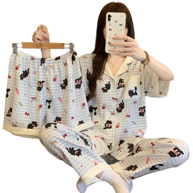 Cartoon Girl Small Fresh Cloud Cotton Pajamas Women'S Summer Short-Sleeved Three-Piece Set Black Cat Plaid Loungewear