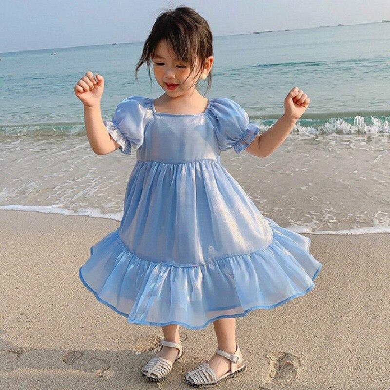 Summer Girls Pure Color Square Neck Puff Sleeve Princess Dress