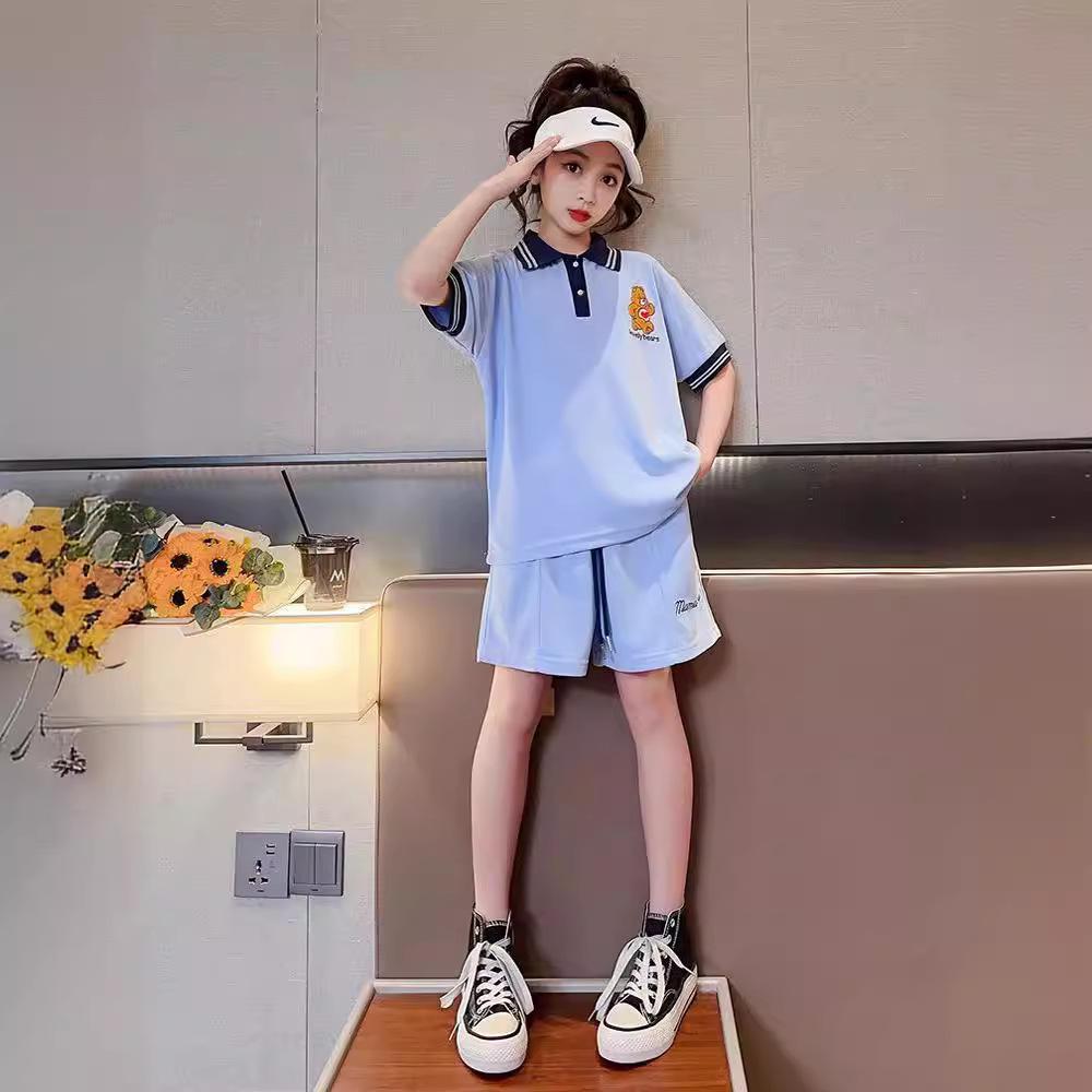 Flickors Sommar 2024 Casual Pikétröja & Shorts Set - Kortärmad, Tvådelad för Barn