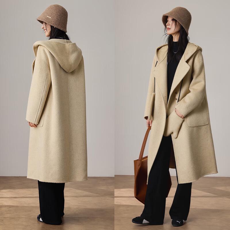 VICTORIA&VERA Women's Hooded Double-Faced Wool Long Coat